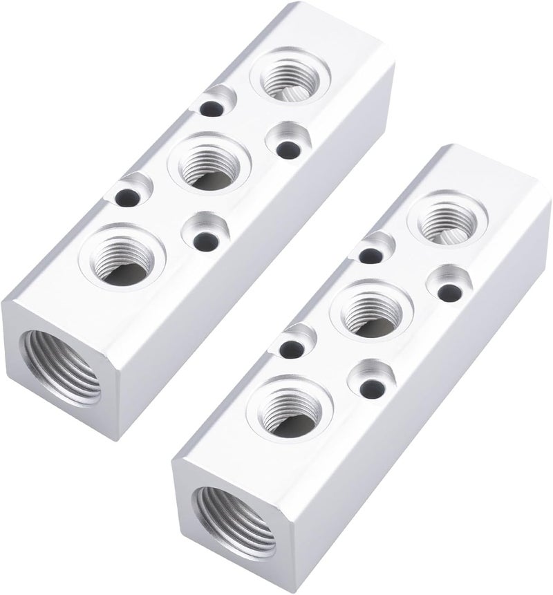 MARSTEK 2PCS Air Manifold, 3 Way 5 Port Air Compressor Manifold, Aluminum Air Hose Inline Manifold Block Splitter, Pneumatic Manifold Air Distribution Block, NPT 1/2 Inch Supply Port, NPT 1/4 Inch Output Port - Image 1